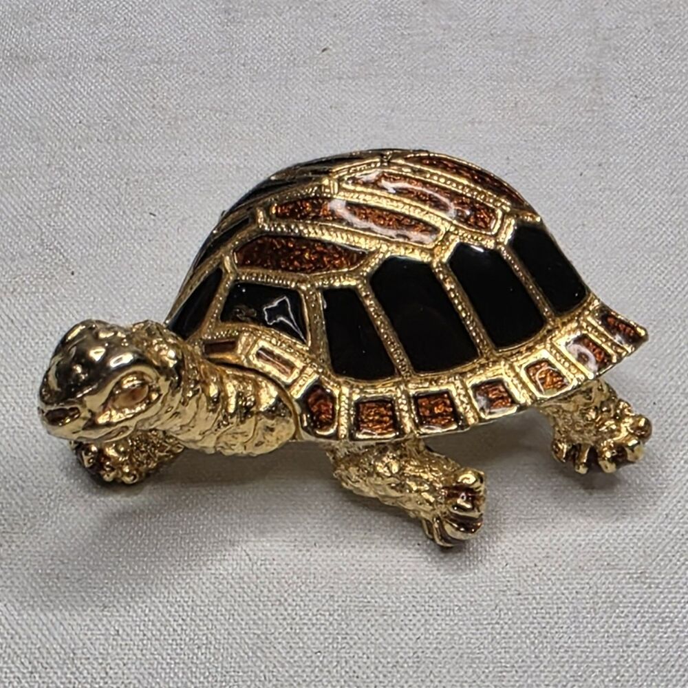 Vintage Sphinx Turtle Brooch Gold Tone Black Amber Rhinestone Signed Pin A2899